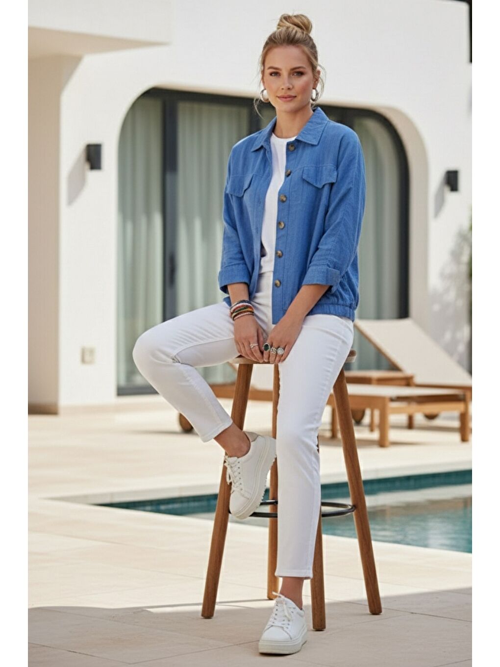 Mavi Gömlek Yaka Manşetli Kollu Çift Kapaklı Cepli Casual Keten Görünümlü Dokuma Ceket 65 65-6