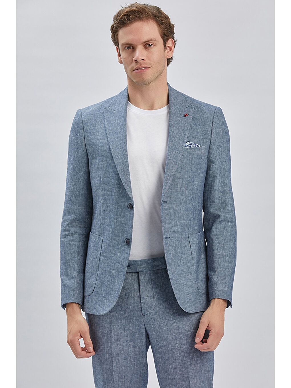 Koyu Lacivert Kırlangıç Yaka Pamuklu Keten 6 Drop Slim Fit Dar Kesim Klasik Takım Elbise 1001240103-4