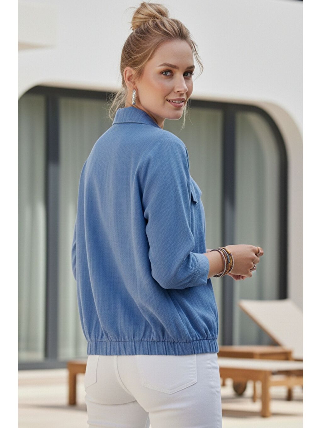 Mavi Gömlek Yaka Manşetli Kollu Çift Kapaklı Cepli Casual Keten Görünümlü Dokuma Ceket 65 65-7