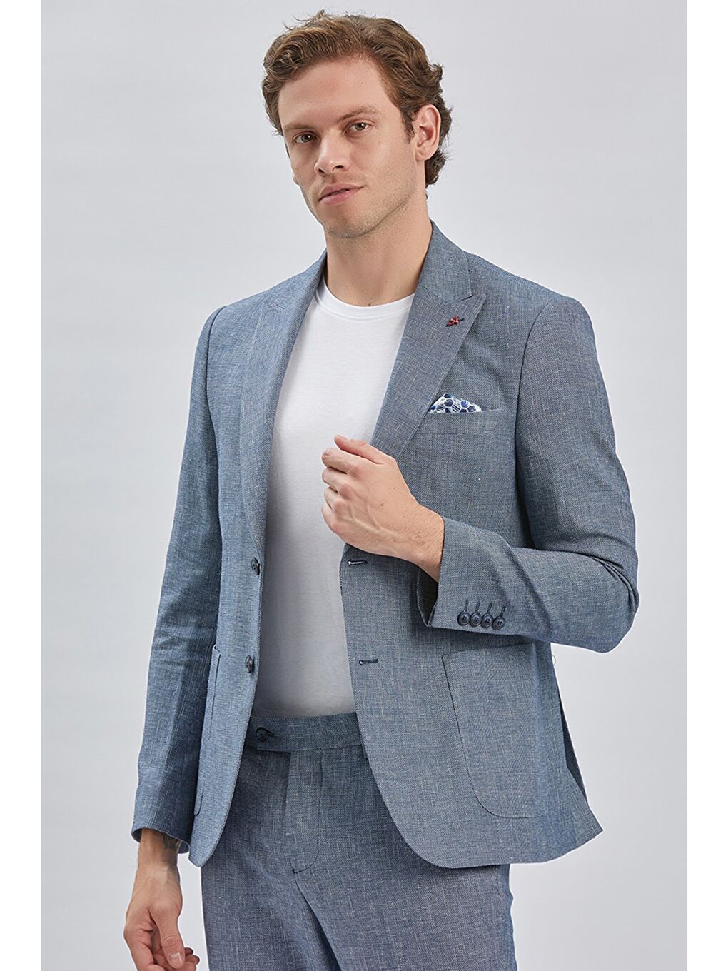 Koyu Lacivert Kırlangıç Yaka Pamuklu Keten 6 Drop Slim Fit Dar Kesim Klasik Takım Elbise 1001240103-5