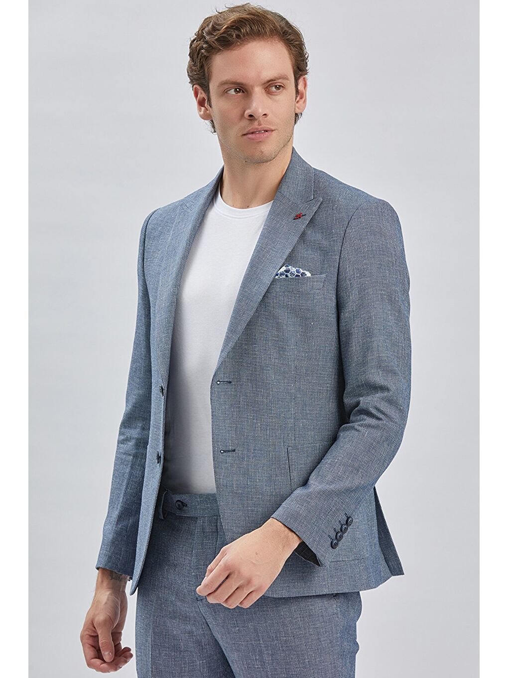 Koyu Lacivert Kırlangıç Yaka Pamuklu Keten 6 Drop Slim Fit Dar Kesim Klasik Takım Elbise 1001240103-6