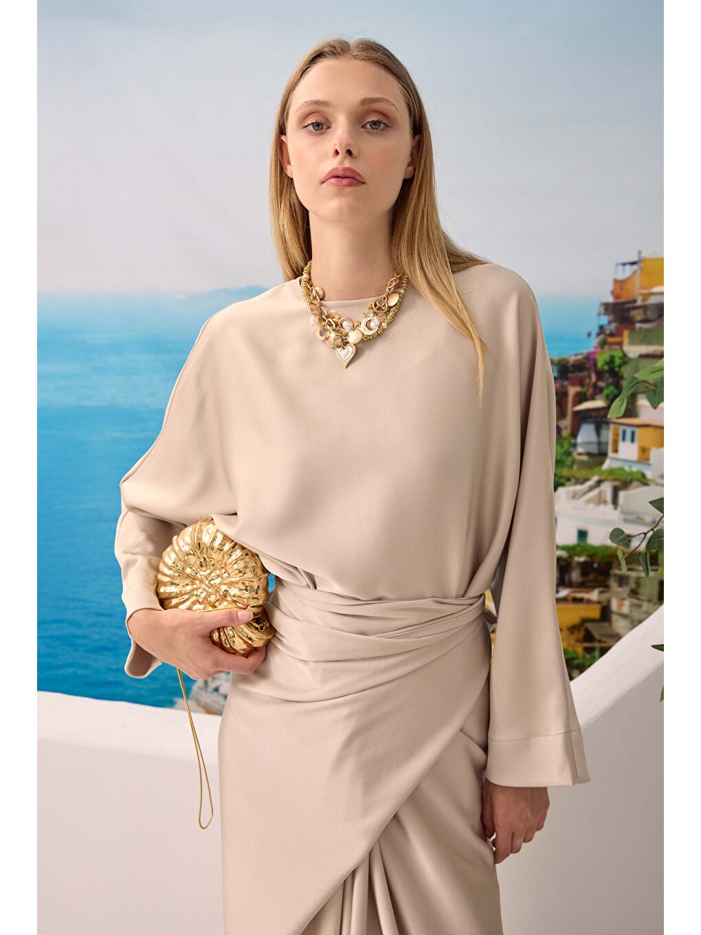 Bej İki Parçalı Basic Elbise Sedef-2