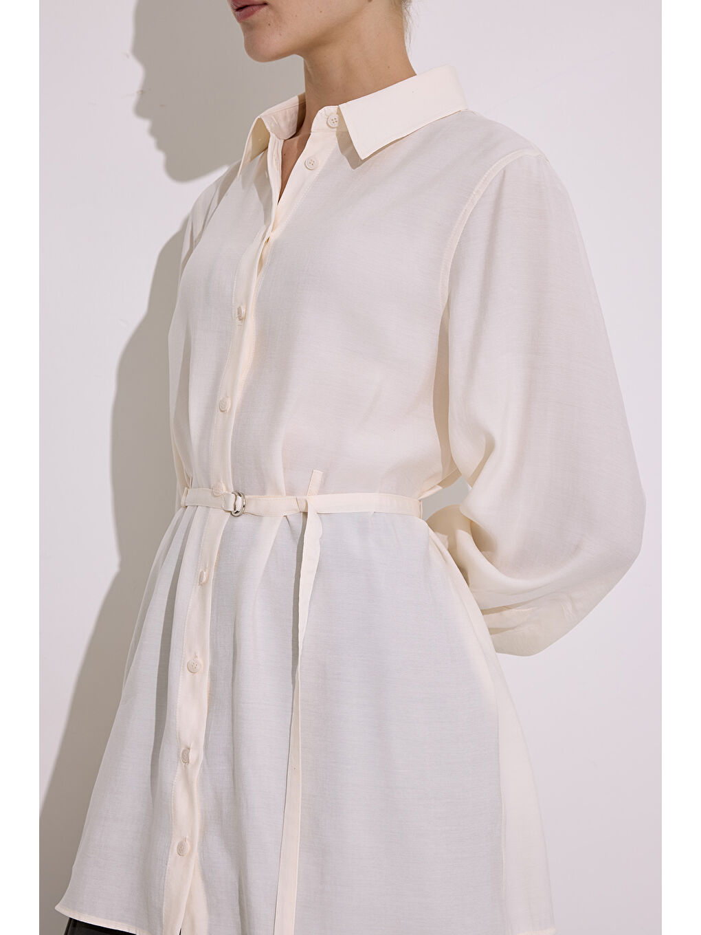 Modal Kemerli Gömlek Ekru-1