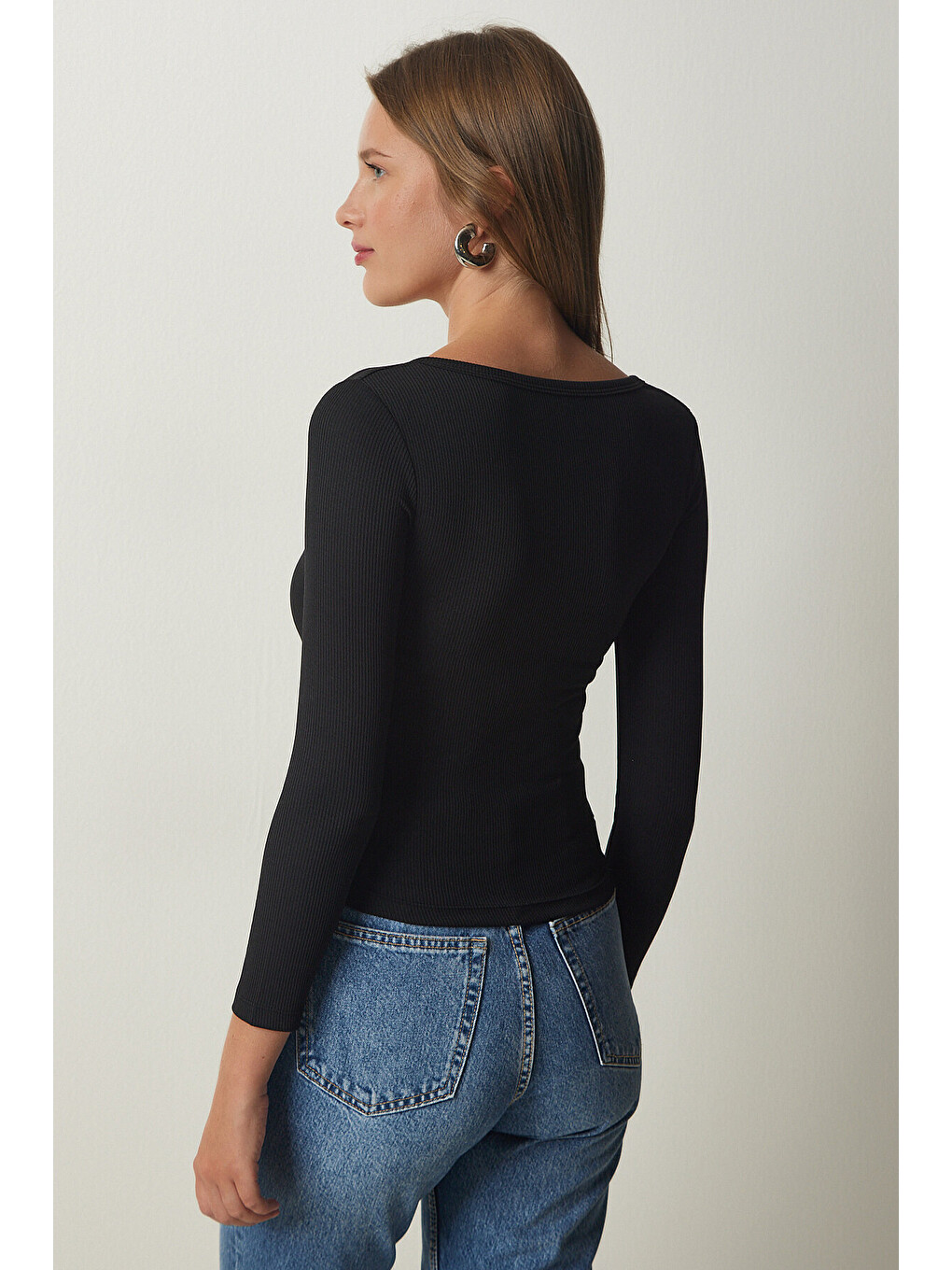 Siyah Düğmeli Yaka Fitilli Crop Örme Bluz SİYAH LLD0004-4