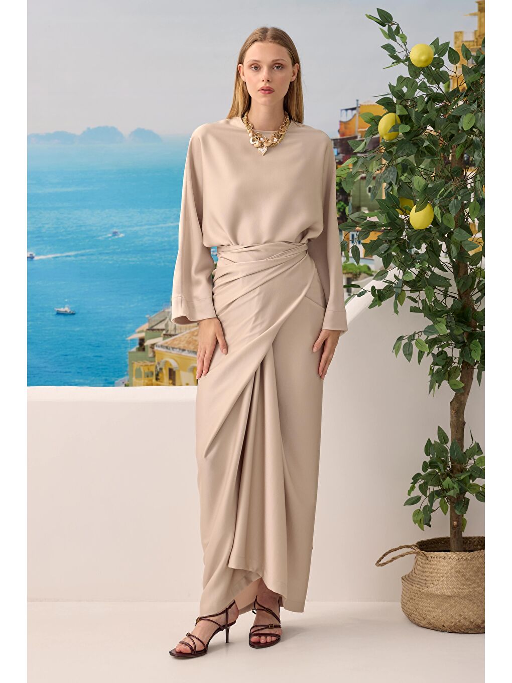 Bej İki Parçalı Basic Elbise Sedef-3
