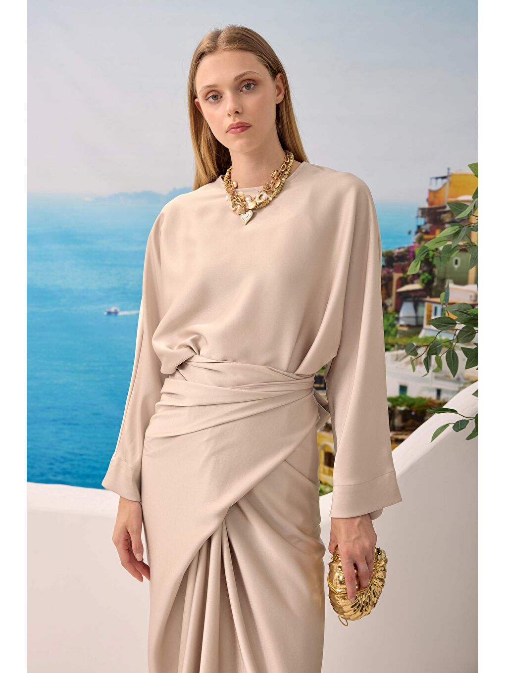 Bej İki Parçalı Basic Elbise Sedef-4