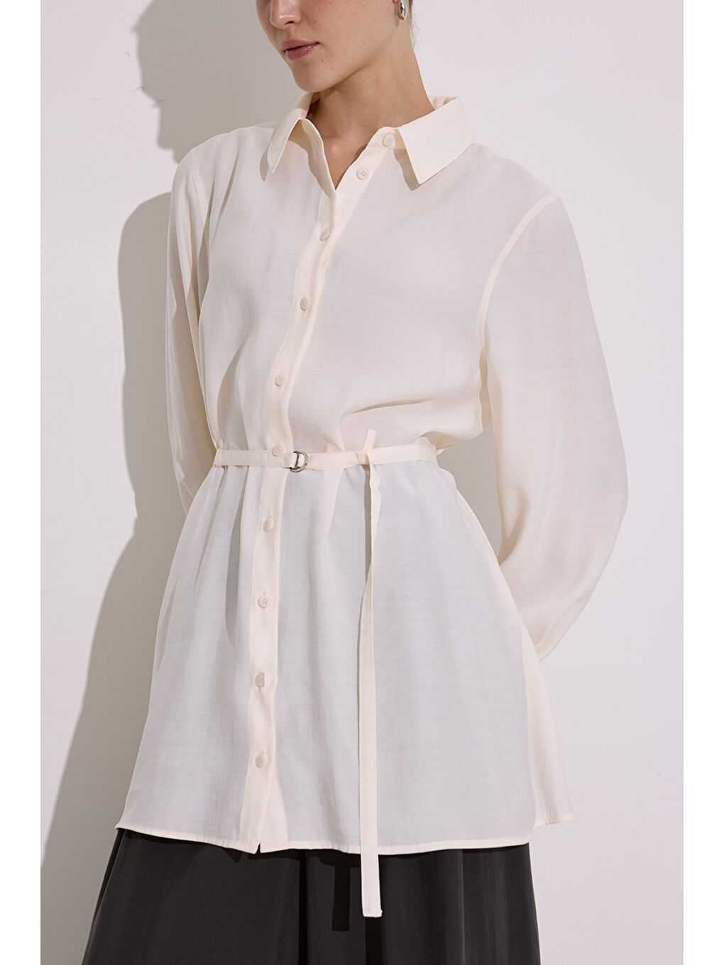 Modal Kemerli Gömlek Ekru-3