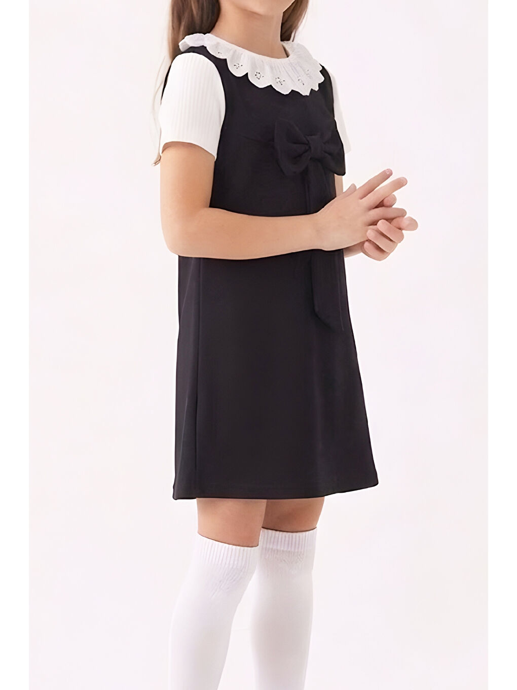 Siyah Kız Çocuk 2'li Elbise (Double Face Kumaş Elbise+Nakış Yakalı Bluz) 4-9 Yaş 12563-1