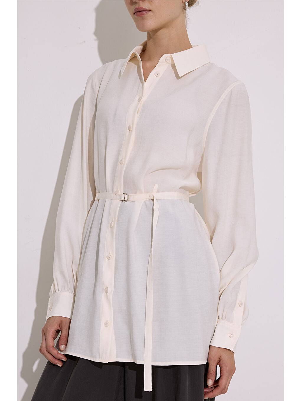 Modal Kemerli Gömlek Ekru-4