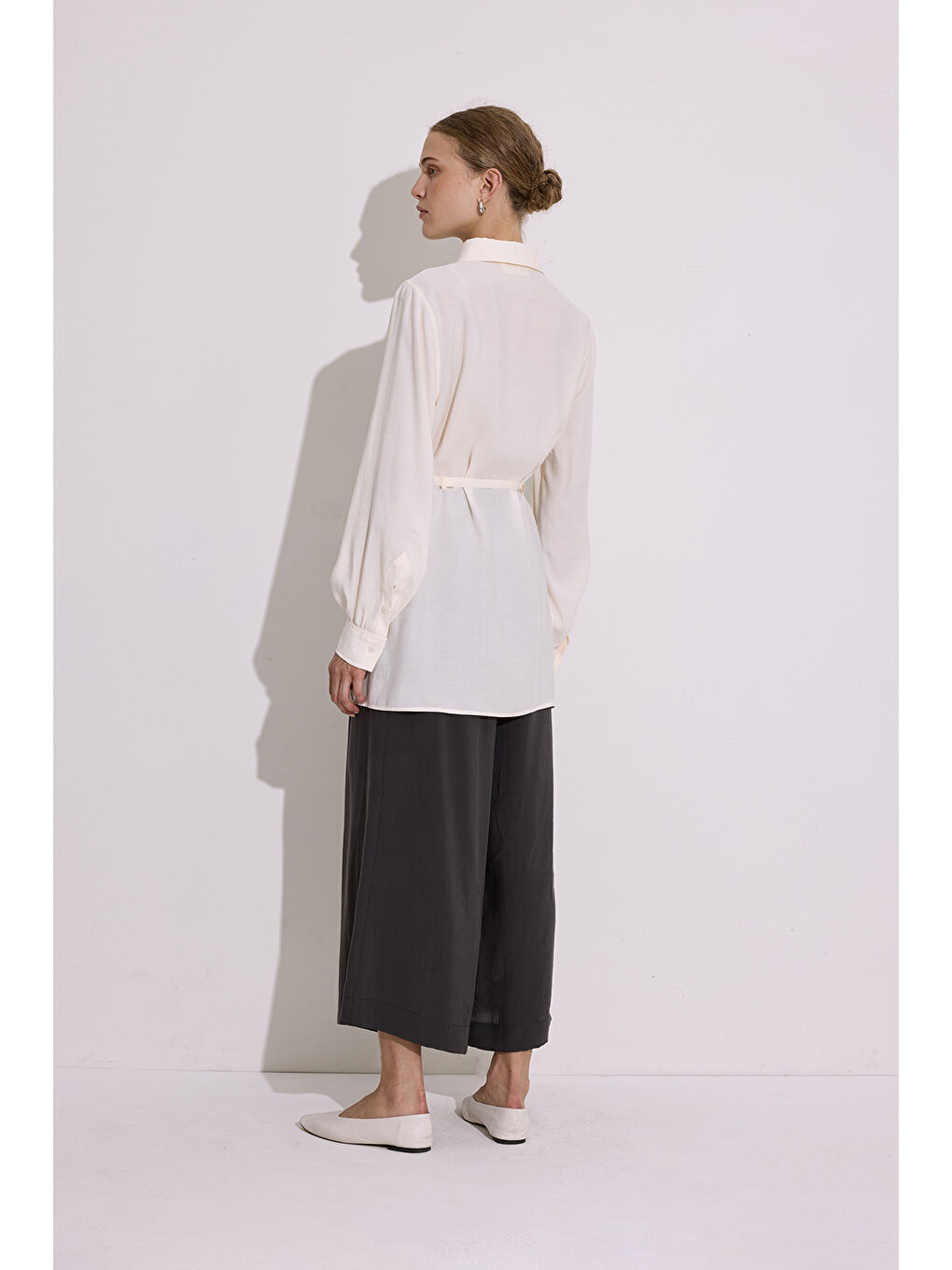 Modal Kemerli Gömlek Ekru-5