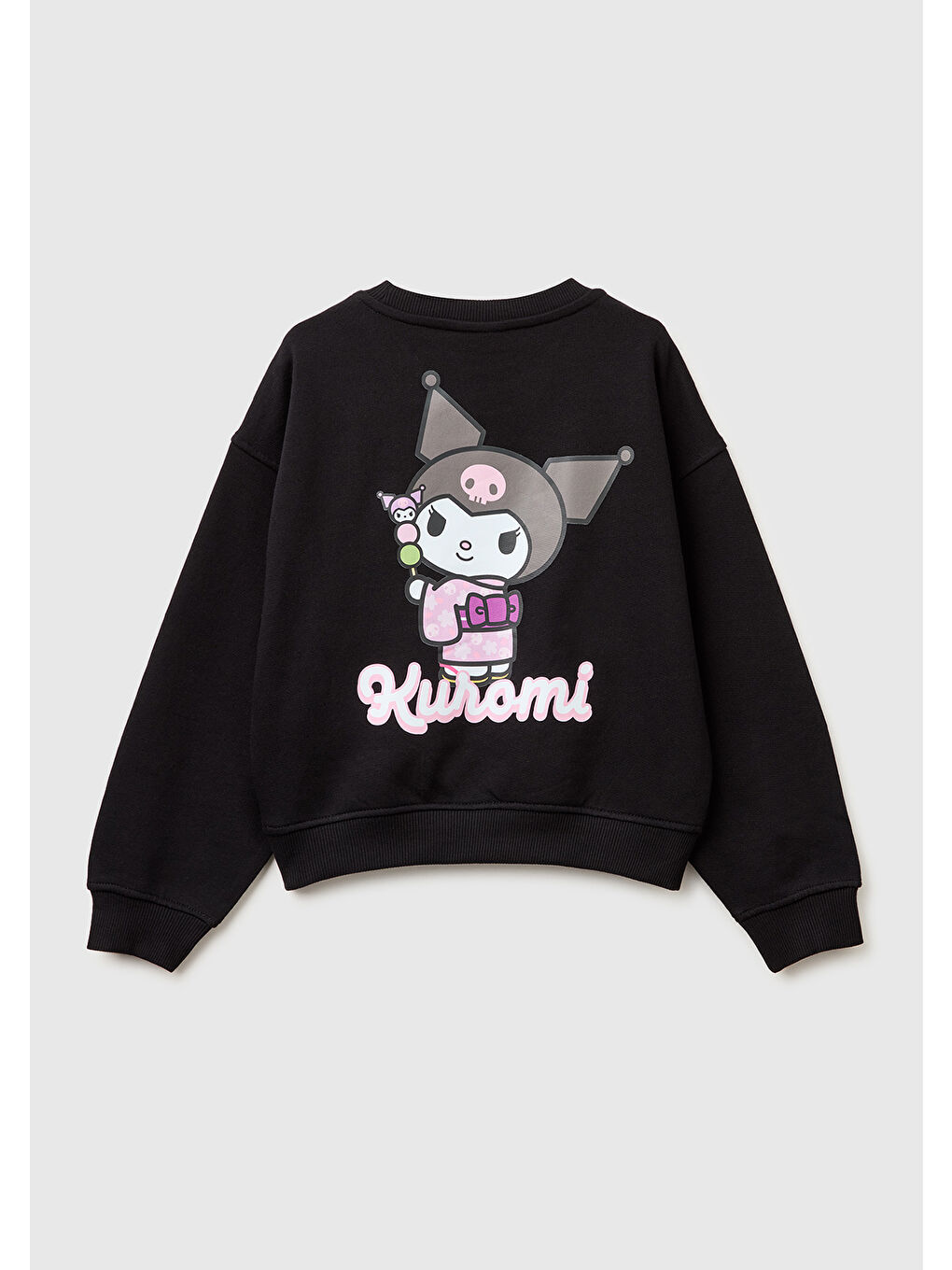 Kız Çocuk Siyah Önü ve Arkası Baskılı Etek Ucu Logolu Bisiklet Yaka Sweatshirt-1