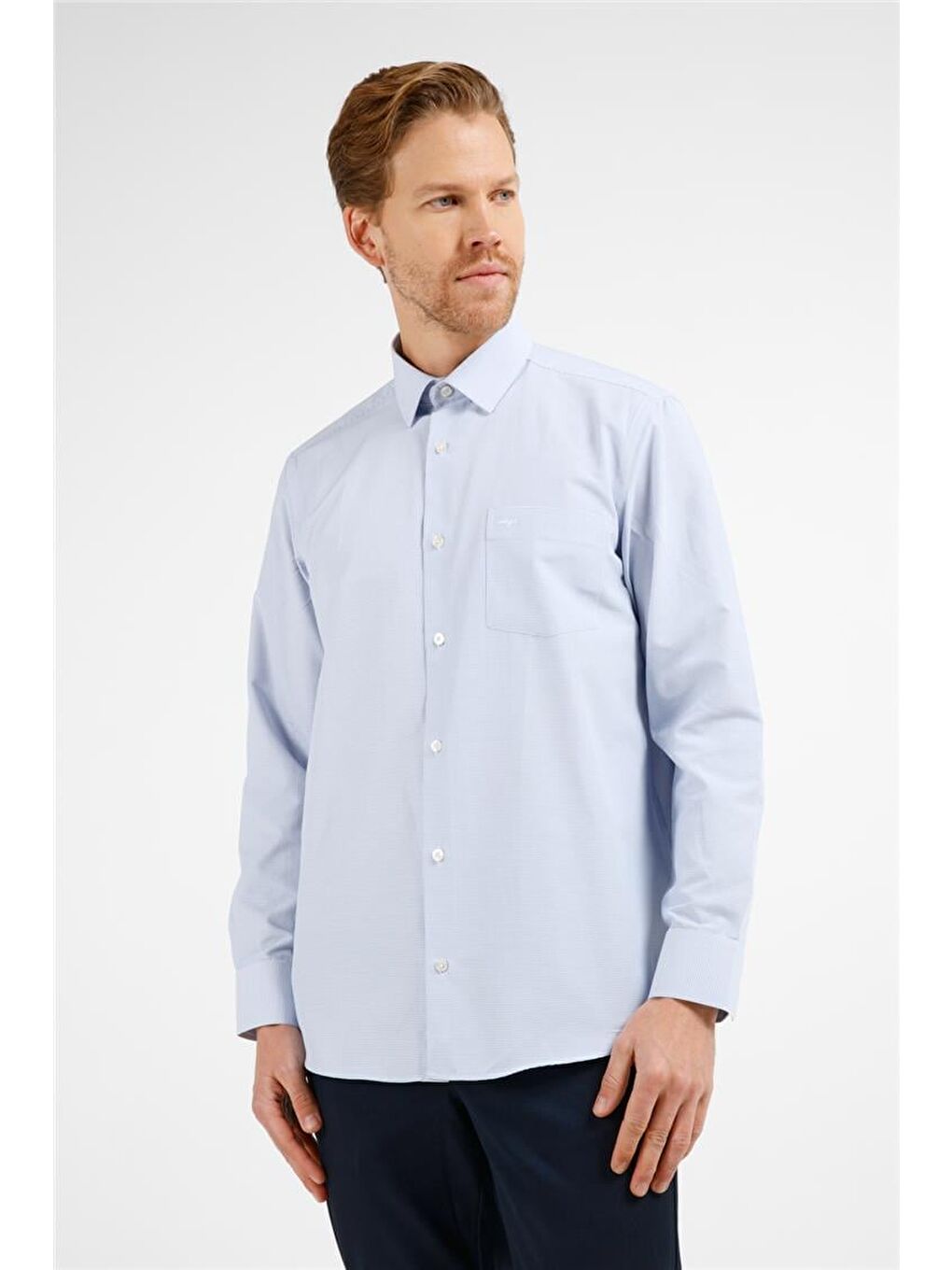 Mavi - Beyaz Kareli Desen Sert Yaka Uzun Kol Cepli Comfort Fit Pamuklu Gömlek 1004255221-2