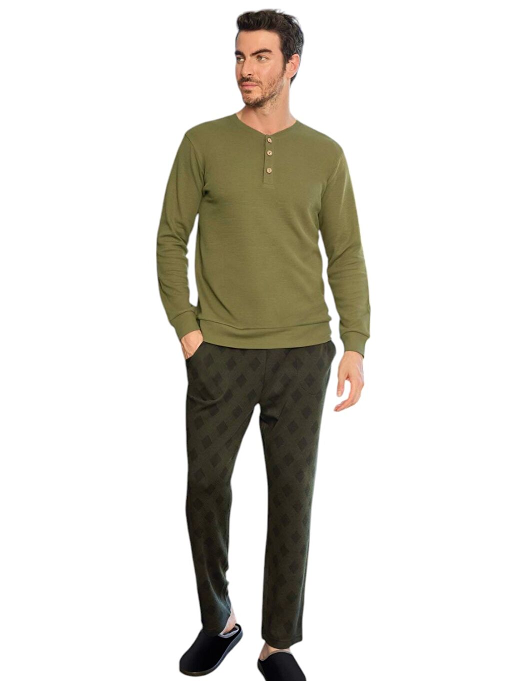 Haki Waffle Uzun Kol Erkek Pijama Takım