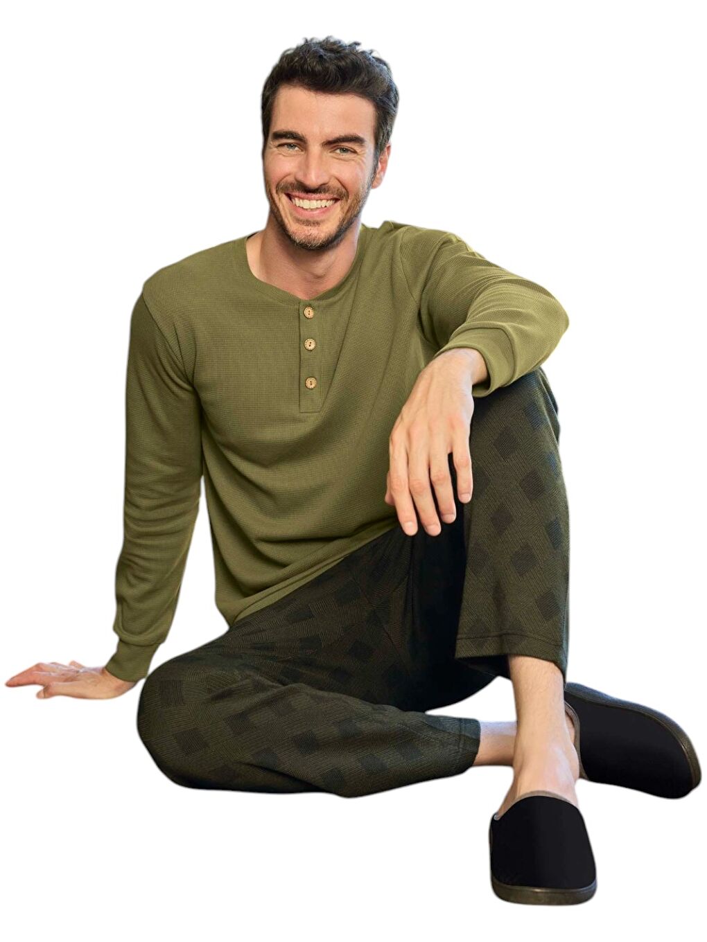 Haki Waffle Uzun Kol Erkek Pijama Takım-1