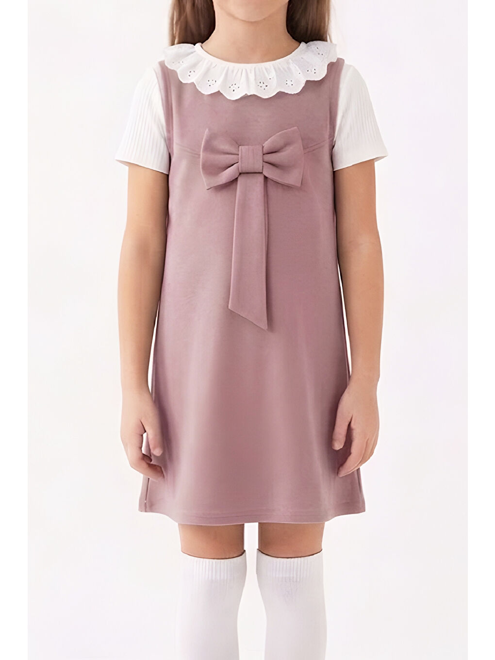 Pembe Kız Çocuk 2'li Elbise (Double Face Kumaş Elbise+Nakış Yakalı Bluz) 4-9 Yaş 12563