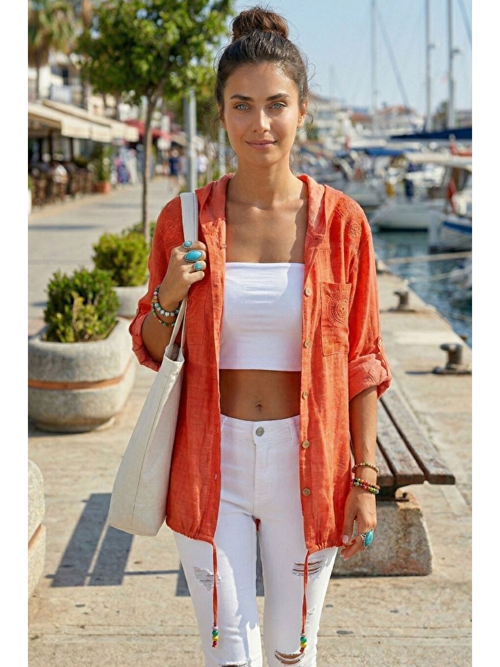 Kırmızı Narçiçeği 3/4 Kol Düğmeli Cepli Önü Nakışlı Casual Dokuma Ceket 70 65