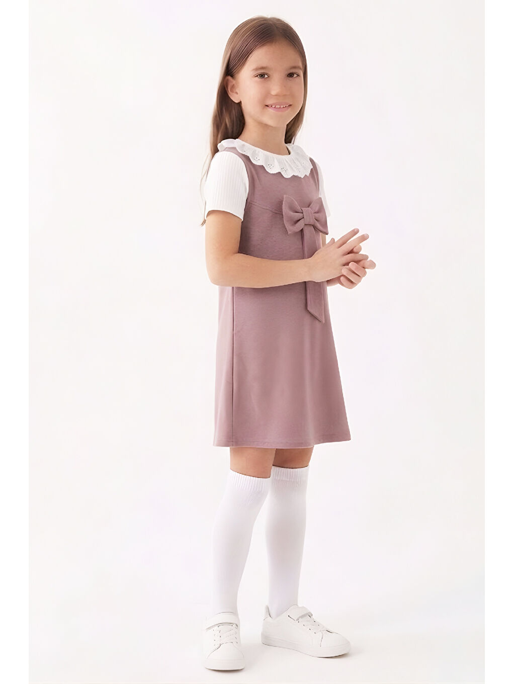Pembe Kız Çocuk 2'li Elbise (Double Face Kumaş Elbise+Nakış Yakalı Bluz) 4-9 Yaş 12563-1