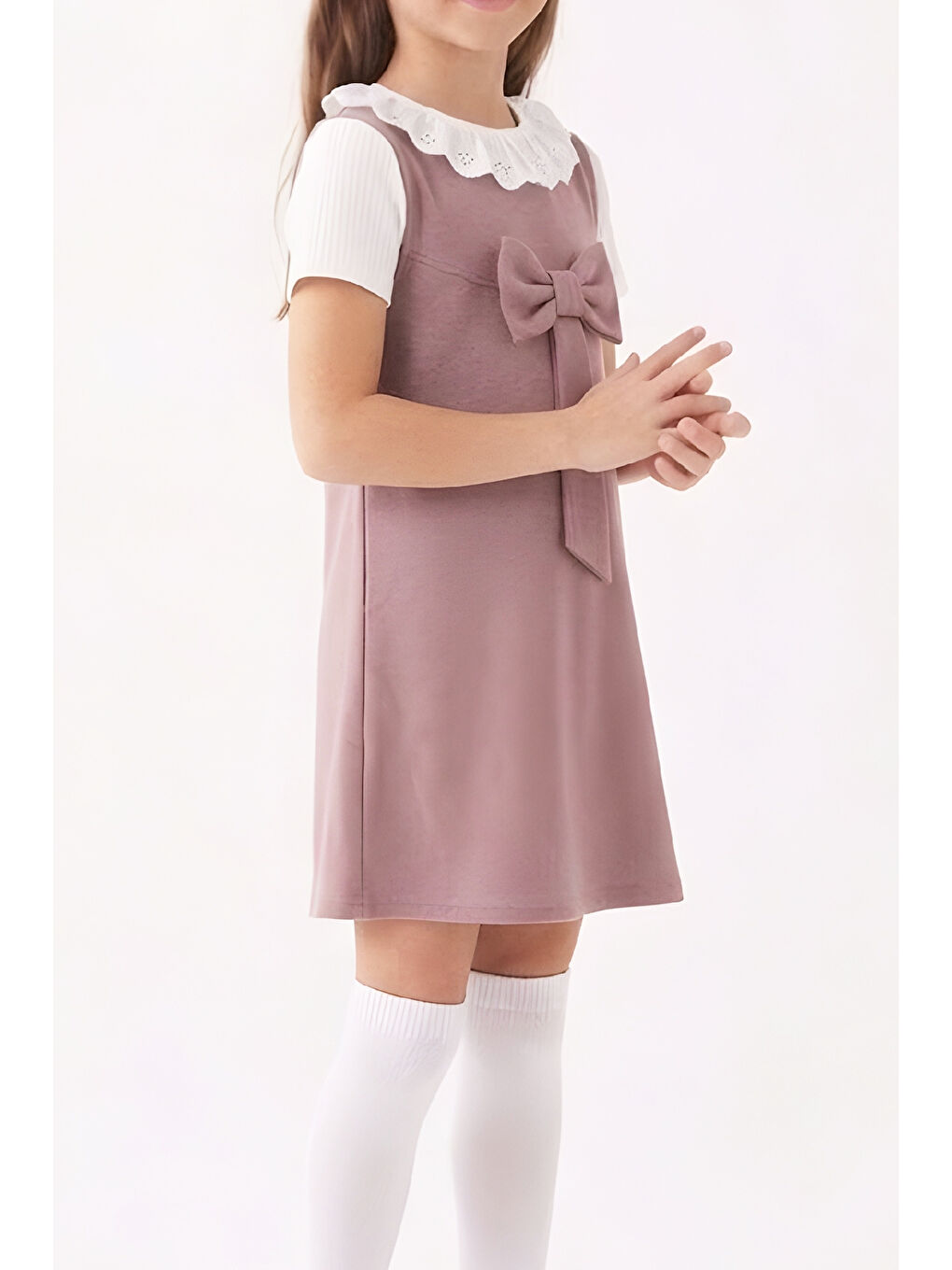 Pembe Kız Çocuk 2'li Elbise (Double Face Kumaş Elbise+Nakış Yakalı Bluz) 4-9 Yaş 12563-3