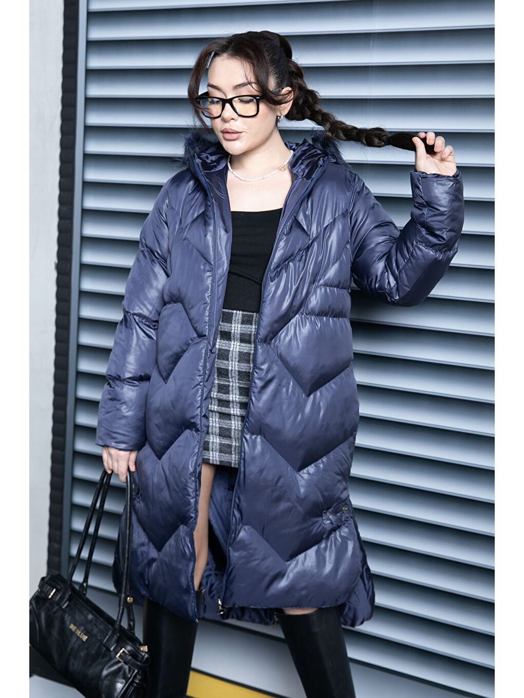 Uzun Şişme Mont Lacivert - 26742-1