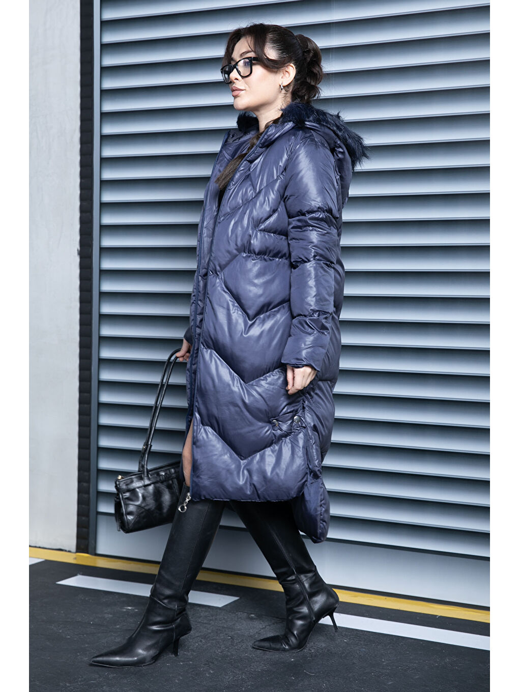 Uzun Şişme Mont Lacivert - 26742-2