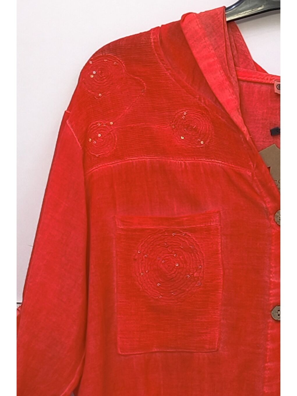 Kırmızı Narçiçeği 3/4 Kol Düğmeli Cepli Önü Nakışlı Casual Dokuma Ceket 70 65-4