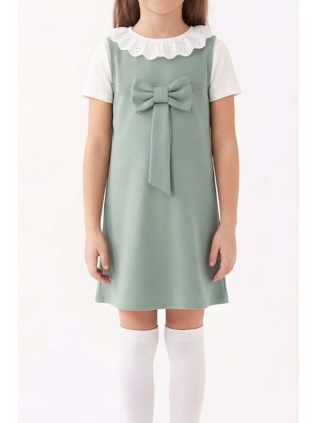 Yeşil Kız Çocuk 2'li Elbise (Double Face Kumaş Elbise+Nakış Yakalı Bluz) 4-9 Yaş 12563