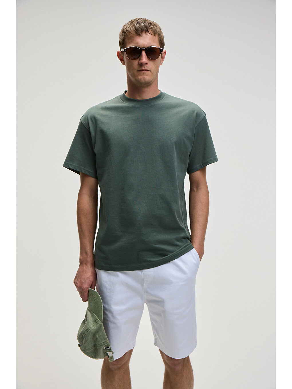 Feon Erkek Oversize Geniş Kesim %100 Organik Pamuk Kalın Dokulu Yuvarlak Yaka Koyu Yeşil T-shirt