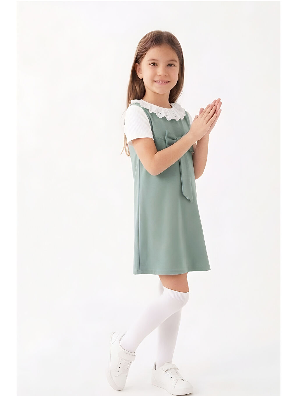 Yeşil Kız Çocuk 2'li Elbise (Double Face Kumaş Elbise+Nakış Yakalı Bluz) 4-9 Yaş 12563-1