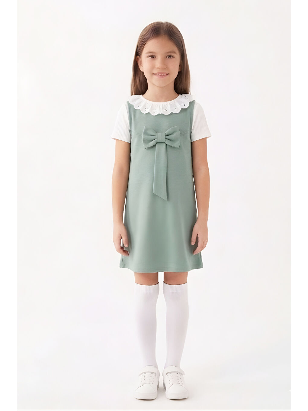 Yeşil Kız Çocuk 2'li Elbise (Double Face Kumaş Elbise+Nakış Yakalı Bluz) 4-9 Yaş 12563-2