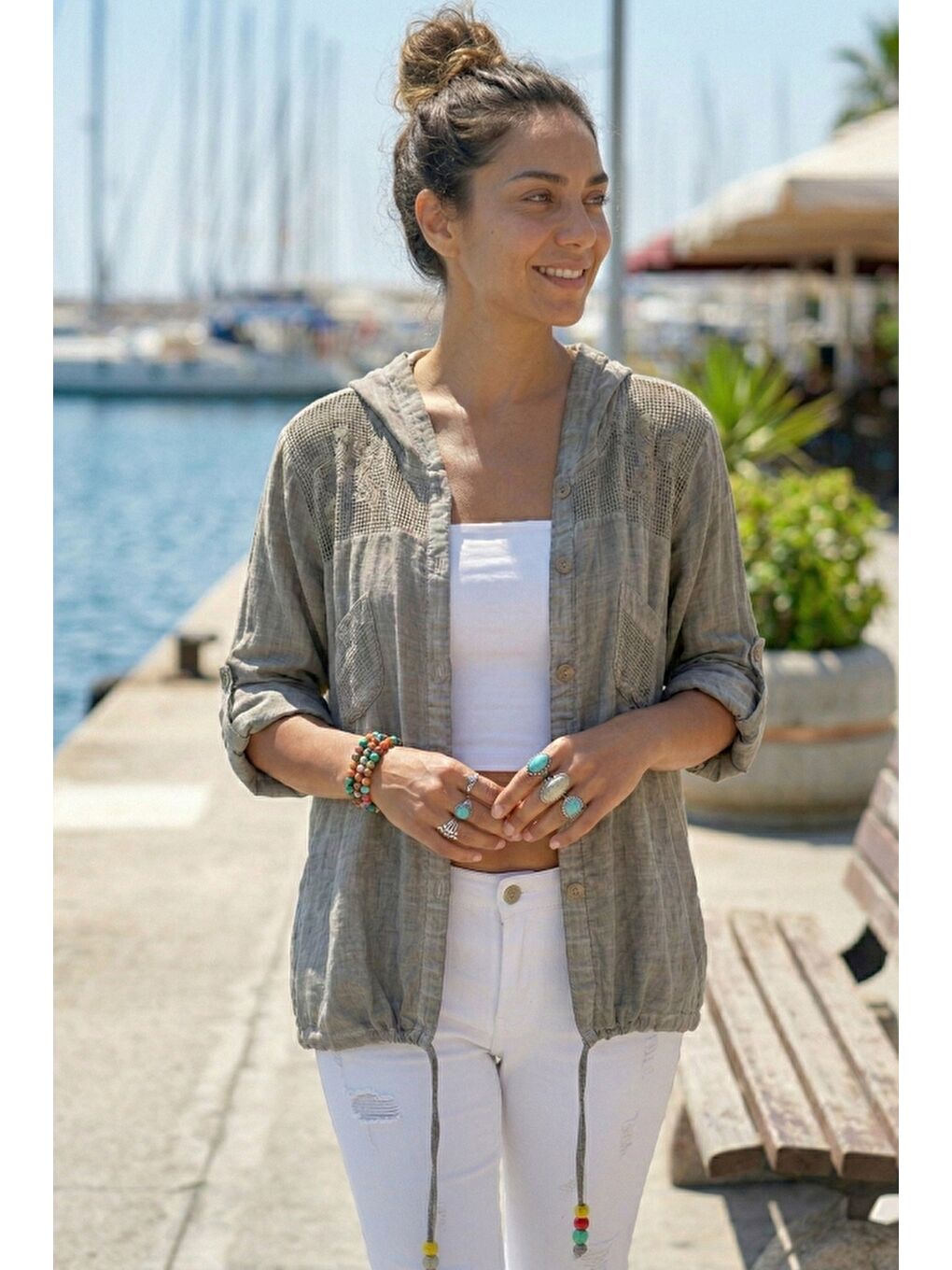 Bej Vizon Uzun Kol Arkası Yıldız Desenli Omuzları File Ve Yıldız Detaylı Casual Dokuma Ceket 70 65-1