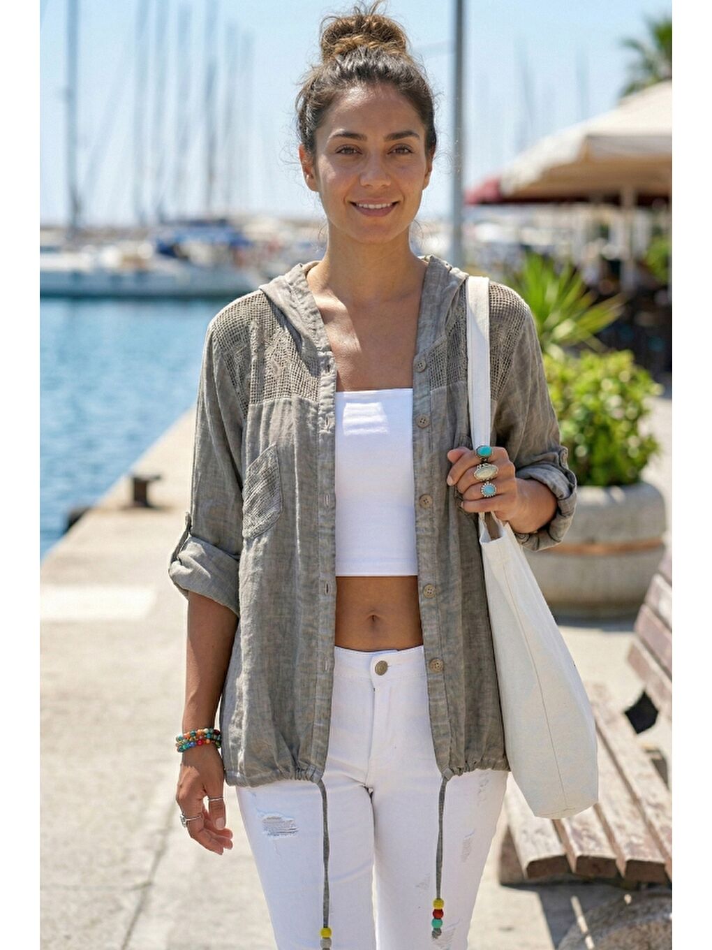 Bej Vizon Uzun Kol Arkası Yıldız Desenli Omuzları File Ve Yıldız Detaylı Casual Dokuma Ceket 70 65-2