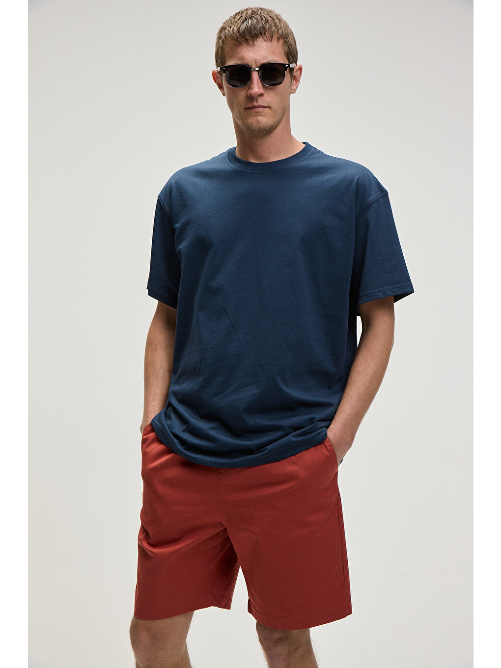 Feon Erkek Oversize Geniş Kesim %100 Organik Pamuk Kalın Dokulu Yuvarlak Yaka Lacivert T-shirt