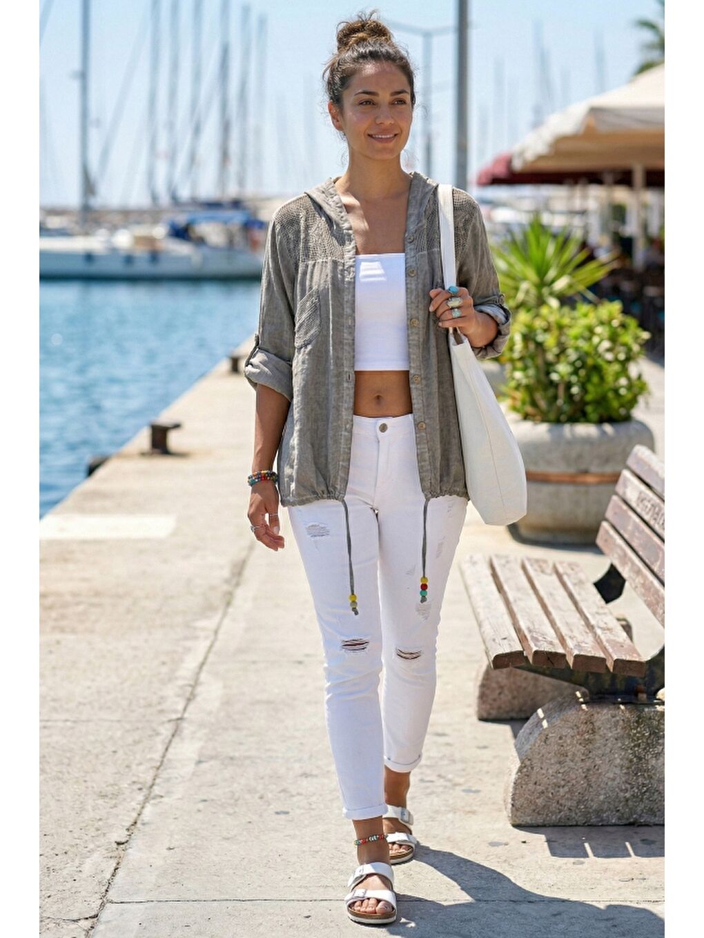 Bej Vizon Uzun Kol Arkası Yıldız Desenli Omuzları File Ve Yıldız Detaylı Casual Dokuma Ceket 70 65-4