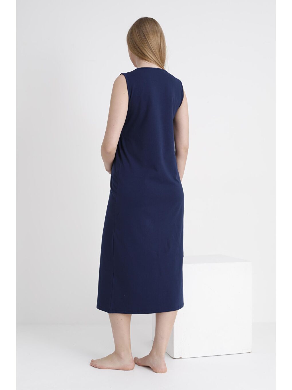 Lacivert Sabahlıklı Hamile ve Lohusa V Yaka Sıfır Kol Gecelik Takımı-4