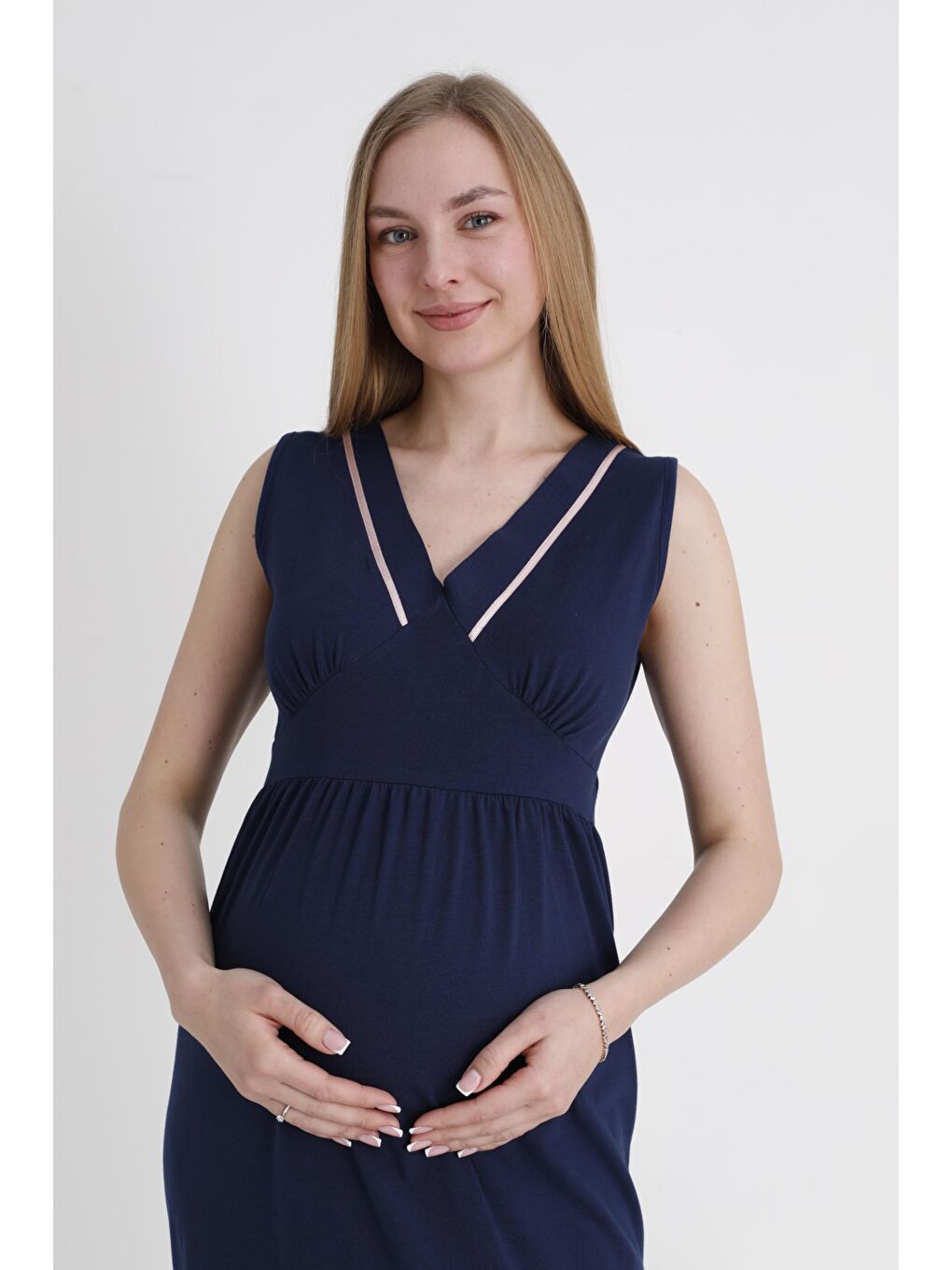 Lacivert Sabahlıklı Hamile ve Lohusa V Yaka Sıfır Kol Gecelik Takımı-5