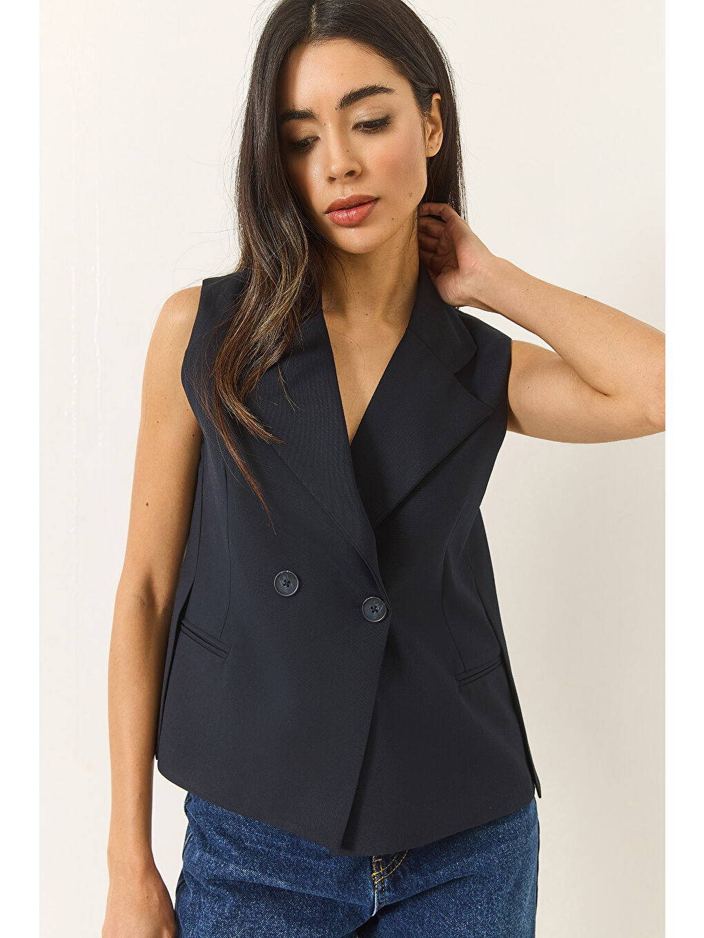 Lacivert Kadın Şal Yaka Asimetrik Kesim Yelek-1