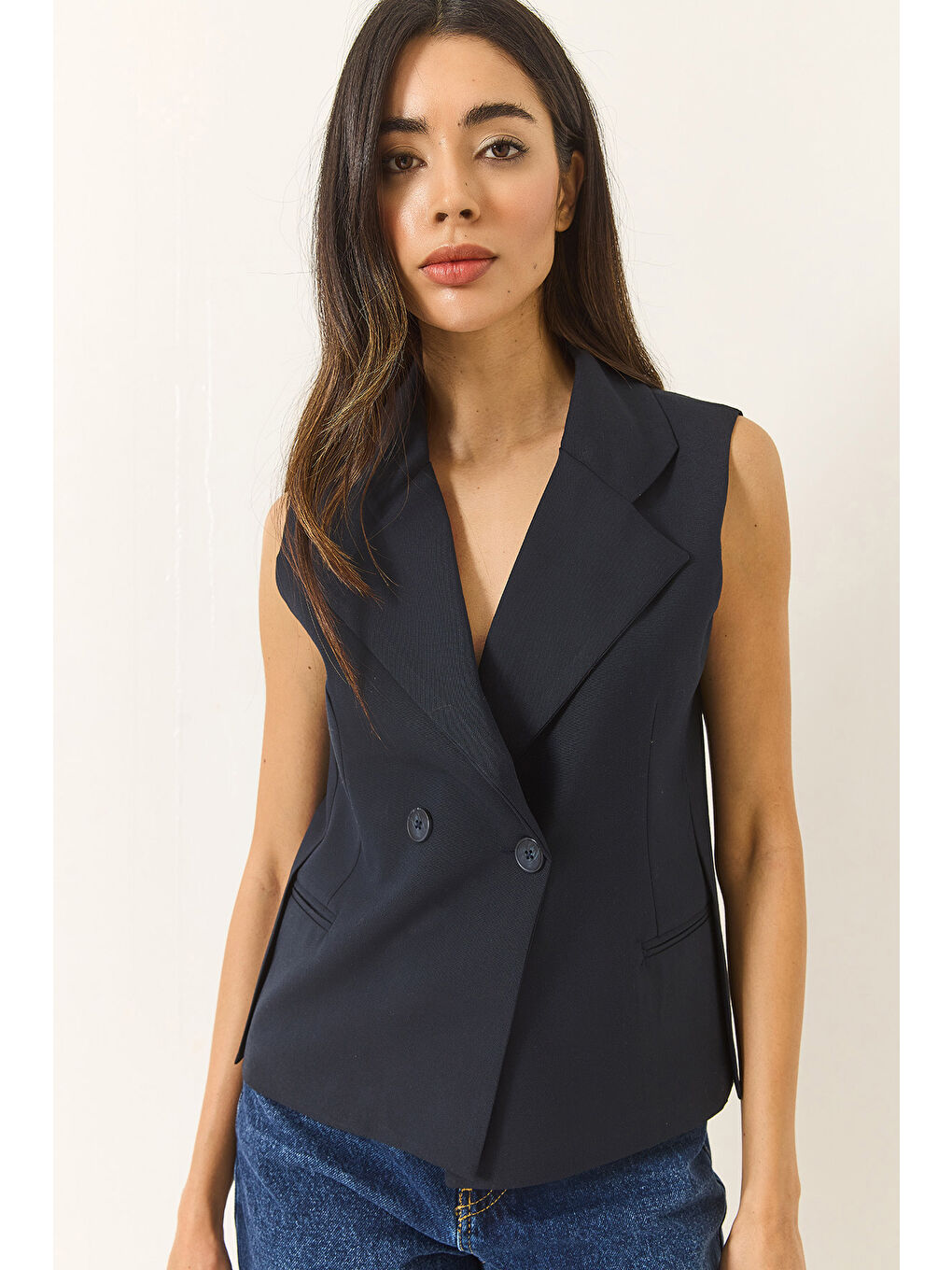 Lacivert Kadın Şal Yaka Asimetrik Kesim Yelek-2