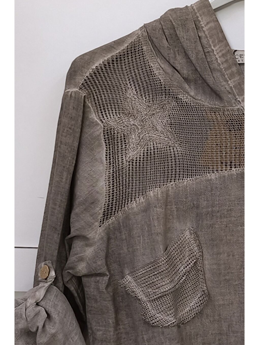 Bej Vizon Uzun Kol Arkası Yıldız Desenli Omuzları File Ve Yıldız Detaylı Casual Dokuma Ceket 70 65-6