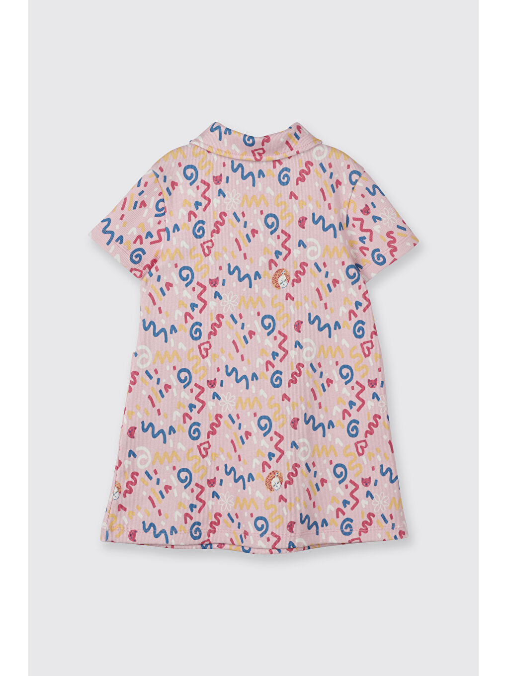 Kız Bebek Kısa Kollu Bebe Yaka Baskılı Düğmeli Örme Pembe Elbise-1