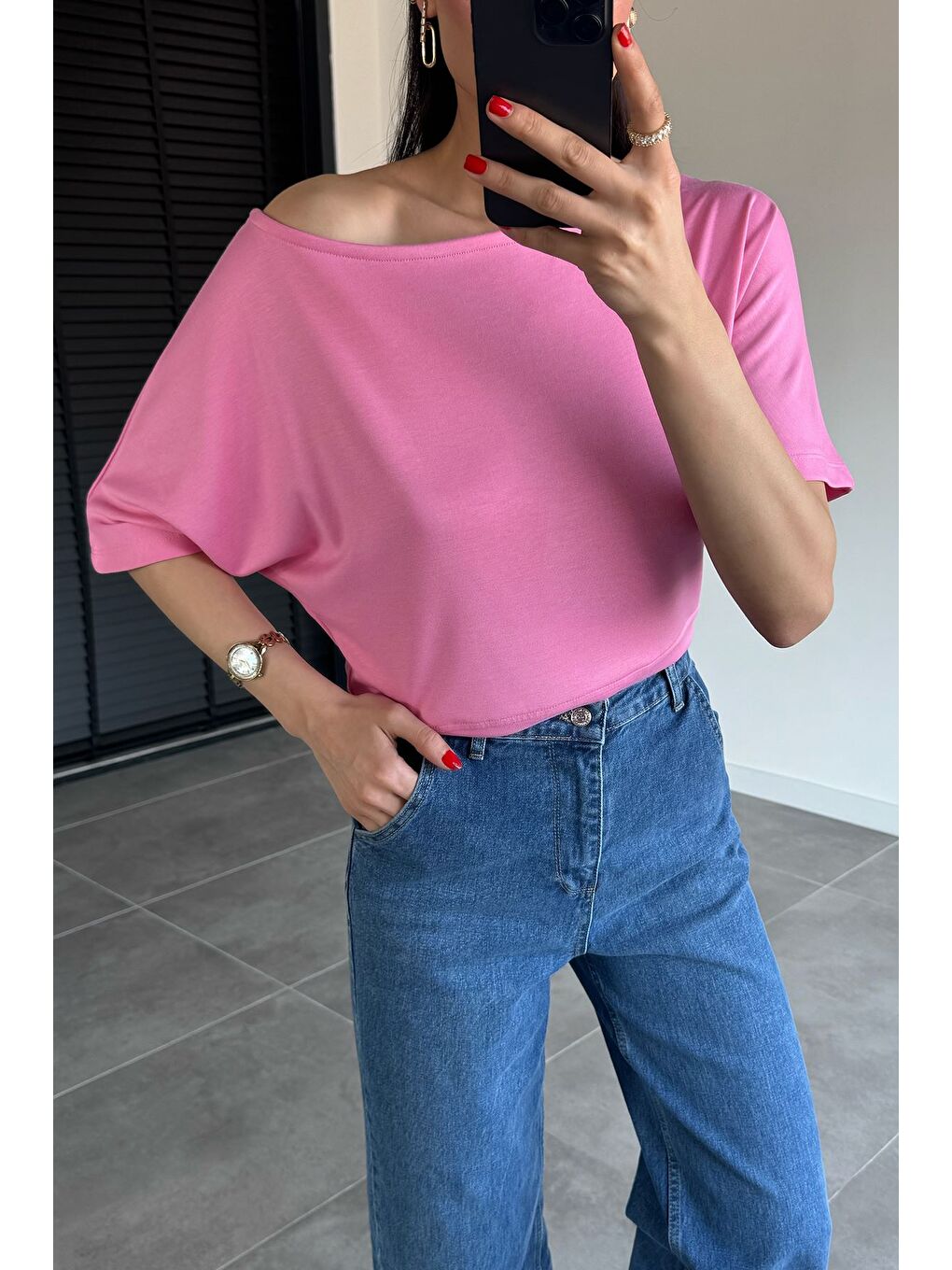 Pembe Kadın Kayık Yaka Bluz-1