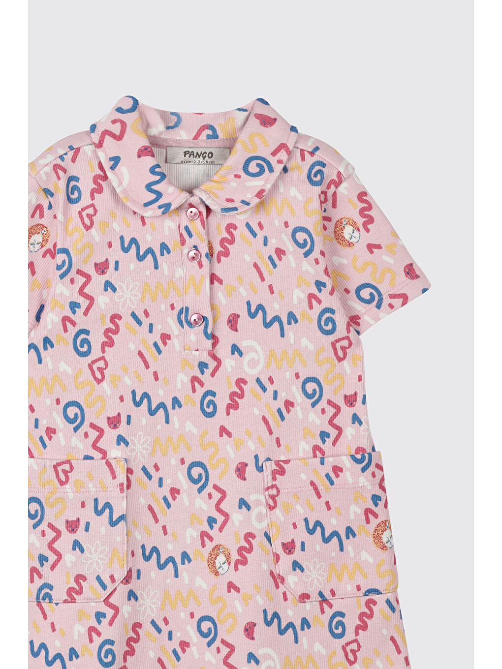 Kız Bebek Kısa Kollu Bebe Yaka Baskılı Düğmeli Örme Pembe Elbise-2