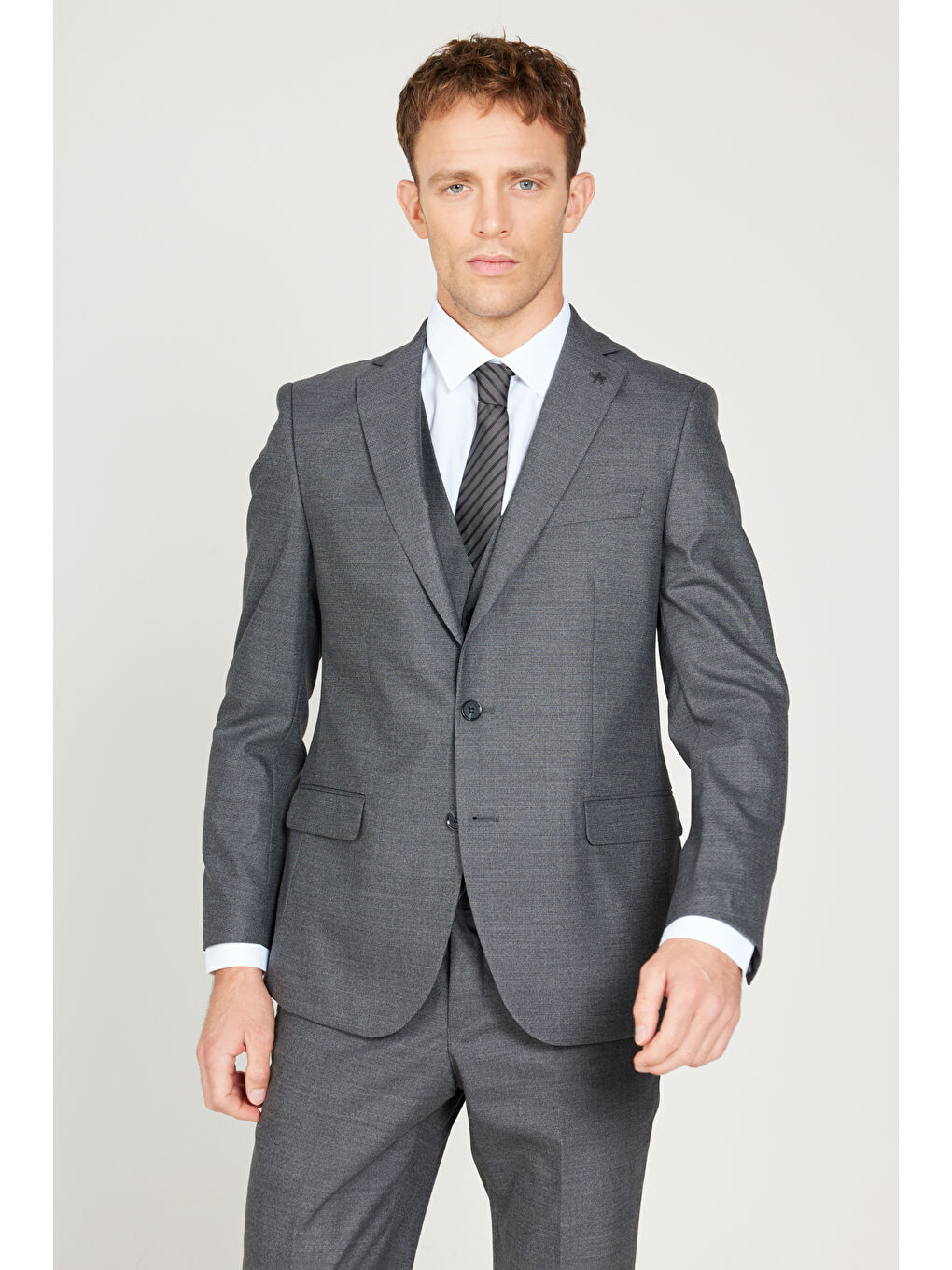 Erkek Gri Ekstra Slim Fit Dar Kesim Mono Yaka Desenli Yünlü Takım Elbise