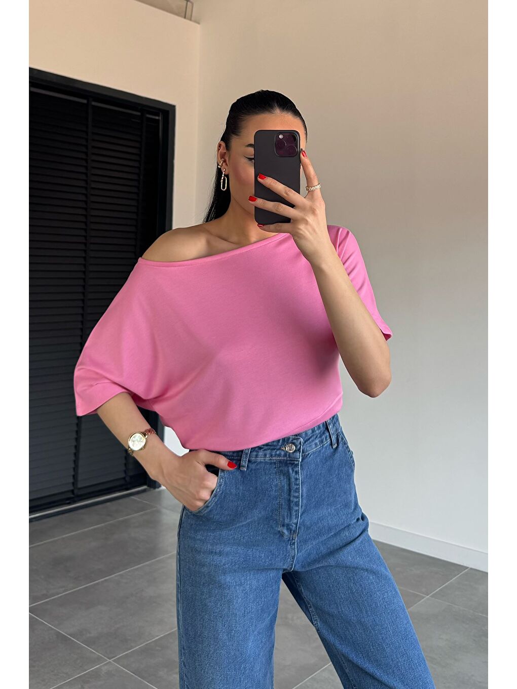 Pembe Kadın Kayık Yaka Bluz-2