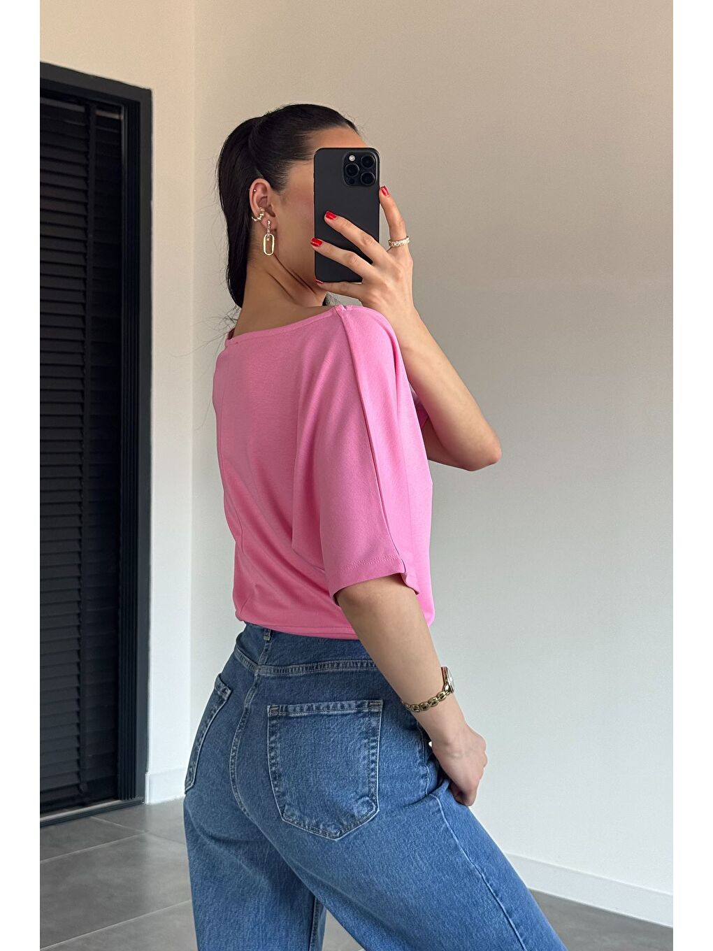 Pembe Kadın Kayık Yaka Bluz-3