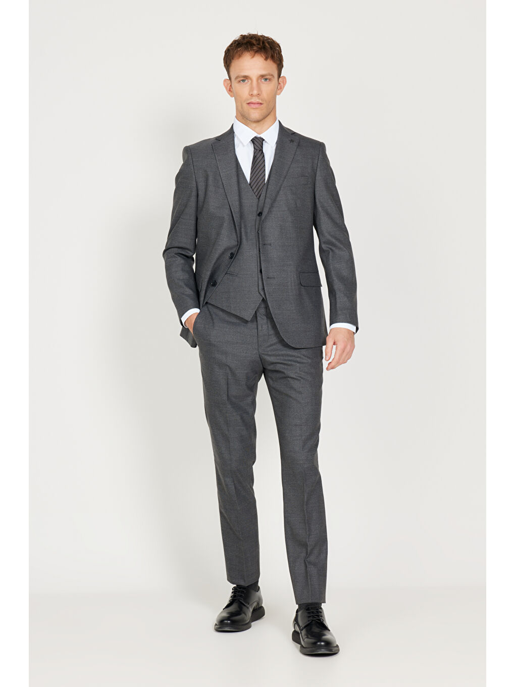 Erkek Gri Ekstra Slim Fit Dar Kesim Mono Yaka Desenli Yünlü Takım Elbise-1