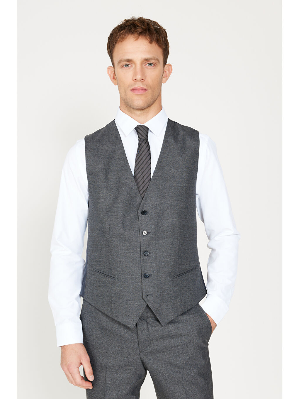 Erkek Gri Ekstra Slim Fit Dar Kesim Mono Yaka Desenli Yünlü Takım Elbise-2