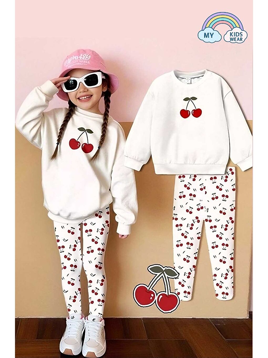 Ekru Kız Çocuk Kiraz Desenli 2'li Takım - Sweatshirt ve Tayt Seti 12057