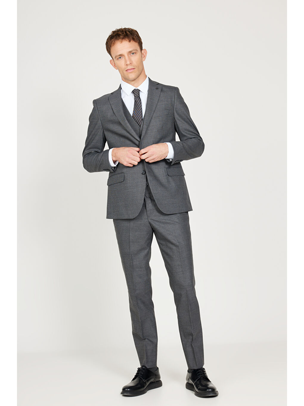 Erkek Gri Ekstra Slim Fit Dar Kesim Mono Yaka Desenli Yünlü Takım Elbise-4