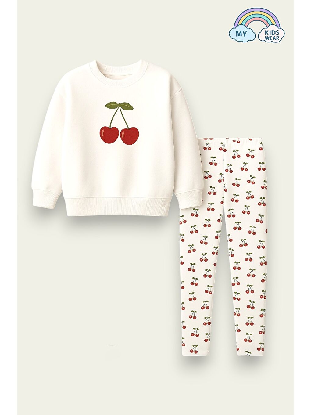 Ekru Kız Çocuk Kiraz Desenli 2'li Takım - Sweatshirt ve Tayt Seti 12057-1