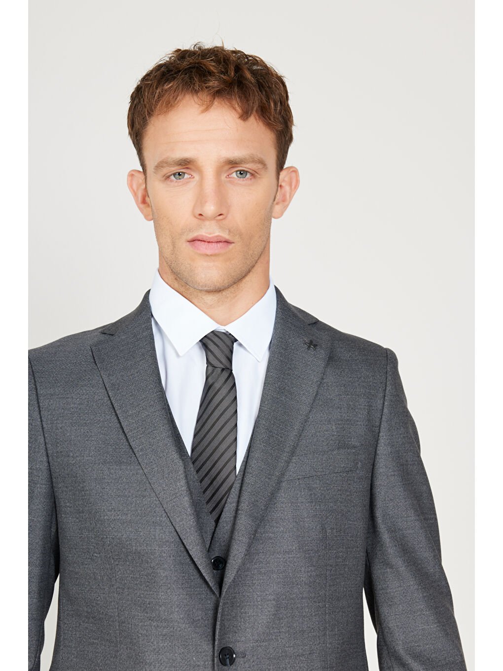 Erkek Gri Ekstra Slim Fit Dar Kesim Mono Yaka Desenli Yünlü Takım Elbise-6